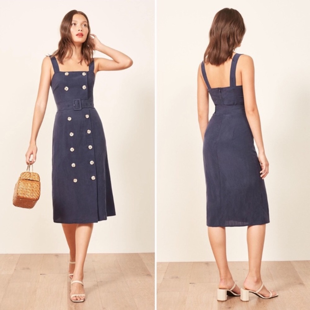 Reformation navy midi belted Palma dress